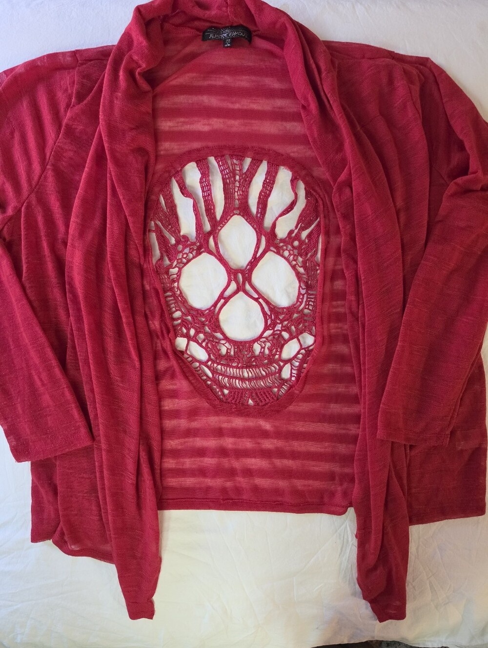 Almost Famous Red Crochet Skull Back Open Front Cardigan Plus Size 3X